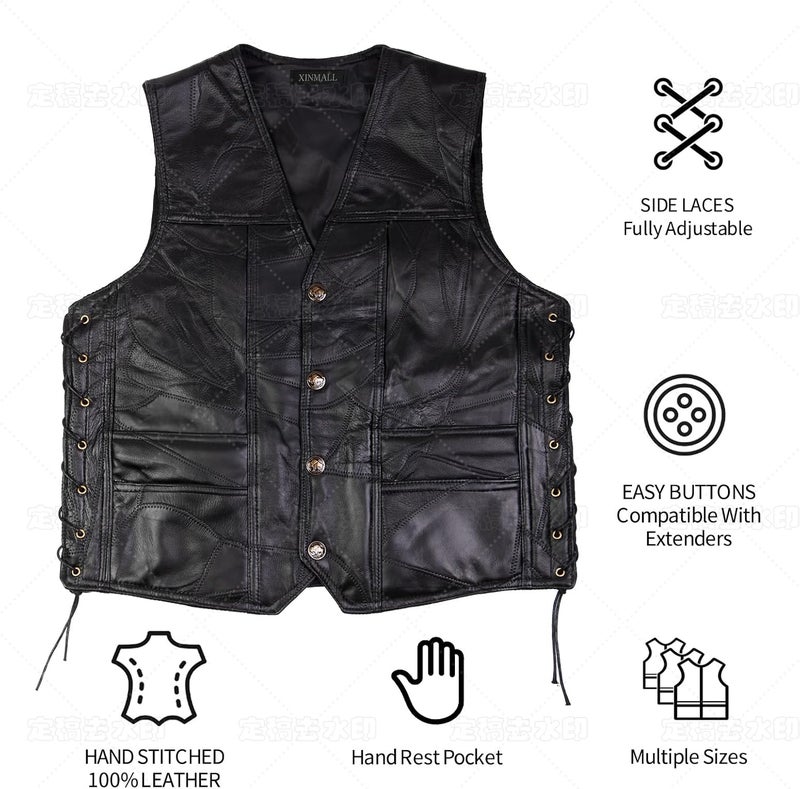 XINMALL Motorcycle Genuine Leather Biker Vest for Men Club Style Classic Black - Image 3